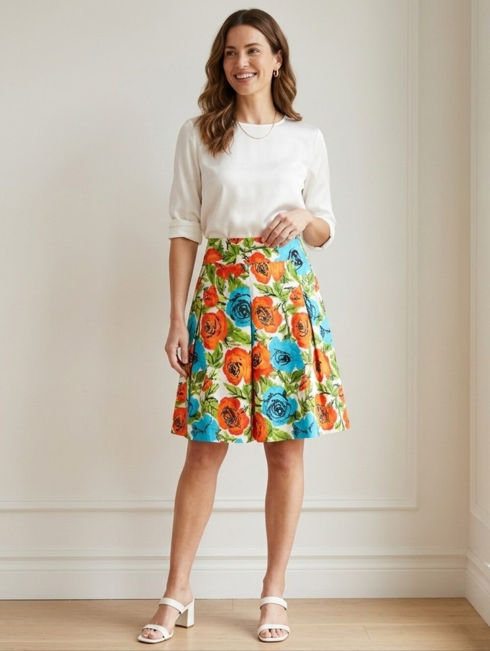 Talbots A-Line Skirt - Orange and Blue Floral